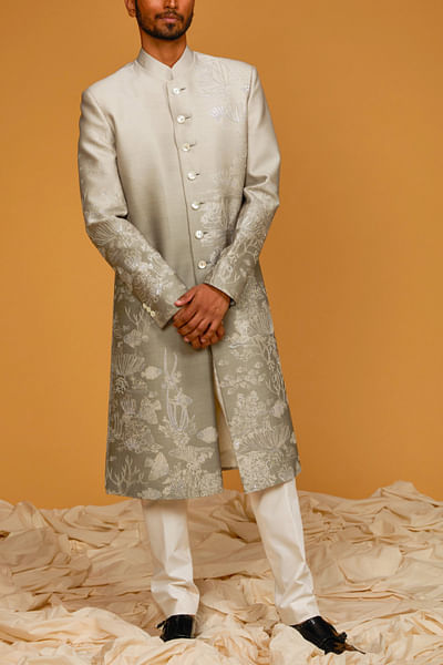 Ocean grey ombre coral printed sherwani
