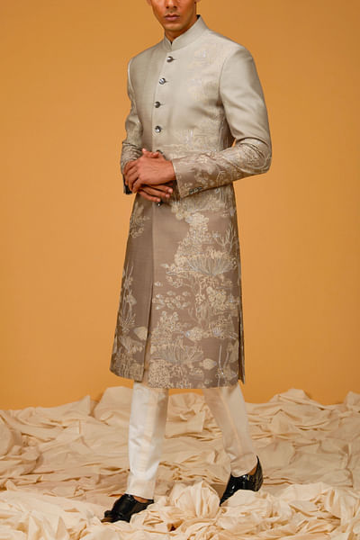 Ocean ombre coral printed embroidered sherwani