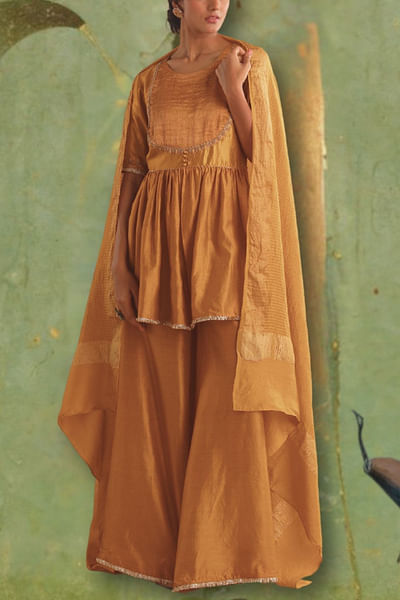 Ochre embroidered peplum and palazzo set