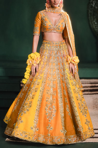 Ochre floral embroidered lehenga set