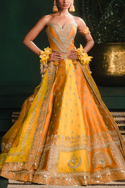 Ochre floral embroidery lehenga set