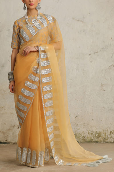 Ochre metallic appliqued sari set
