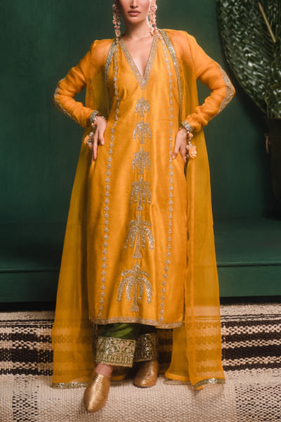 Ochre palm tree embroidered kurta set