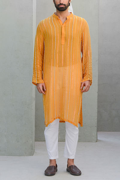 Ochre pearl and sequin embroidered kurta