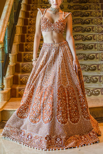Ochre Rust floral embroidered lehenga set