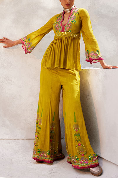 Ochre yellow bird printed co-ords