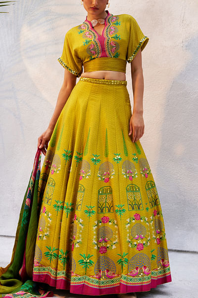Ochre yellow bird printed lehenga set