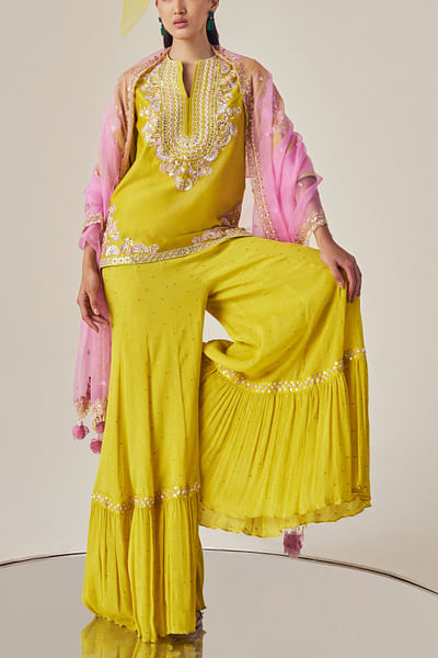 Ochre yellow dot woven tiered sharara set