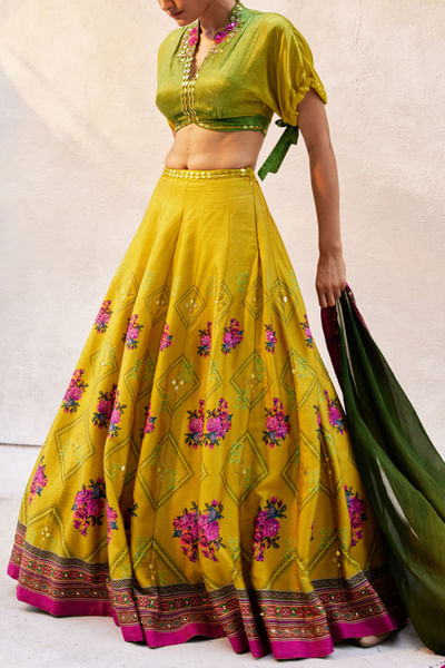 Ochre yellow floral printed lehenga set