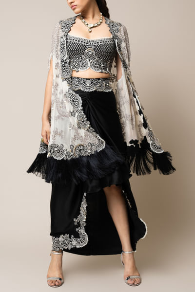 Off-white and black embroidered cape set