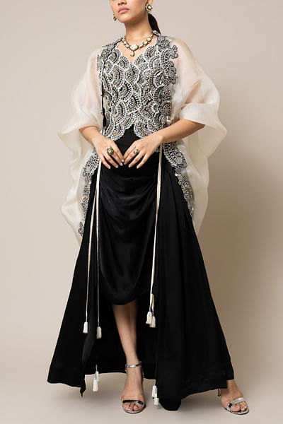 Off-white and black embroidered cape set