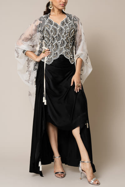 Nupur Kanoi Off-white and black Swarovski detail cape set NUKFEB24D105