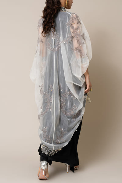 Nupur Kanoi Off-white and black Swarovski detail cape set NUKFEB24D105