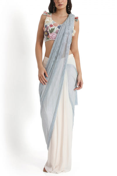 Off white and blue draped sari set