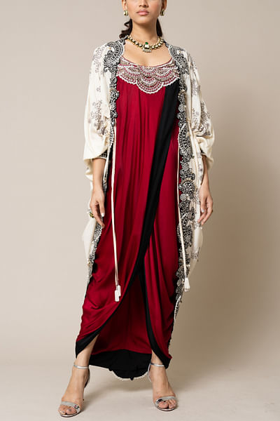 Off-white and burgundy embroidered cape dress