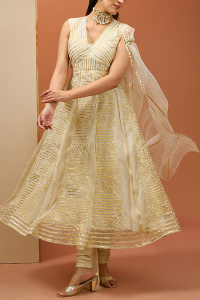 Off-white and gold laced anarkali set