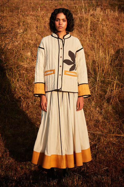 Off-white and mustard panelled skirt