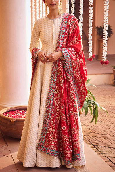 Off-white and red floral woven brocade anarkali set