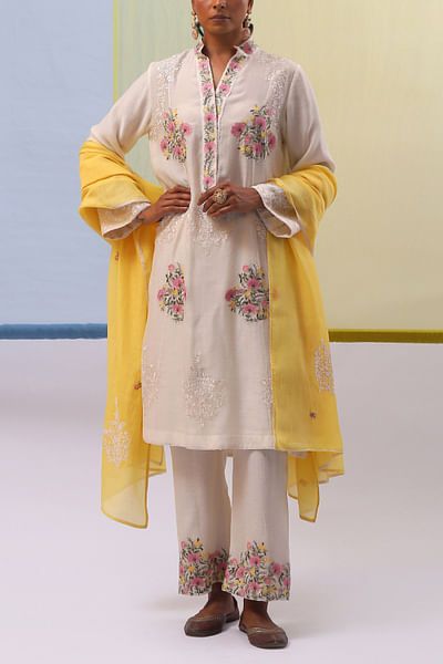 Off white and yellow embroidery kurta set