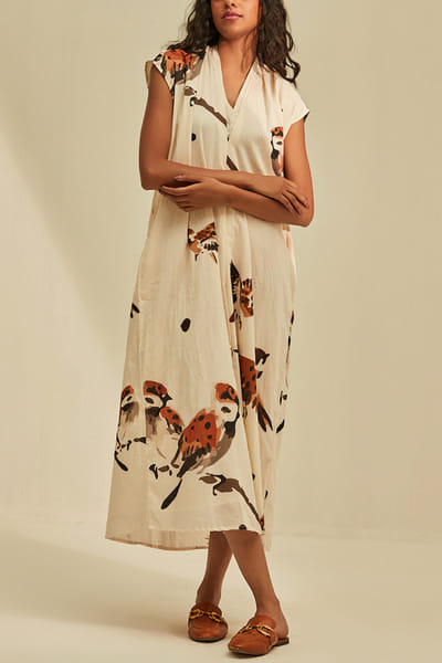 Off white artsy sparrow print dress