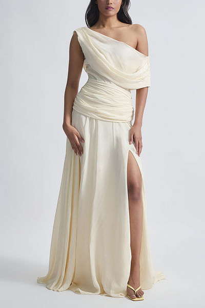 Off-white draped one-shoulder gown