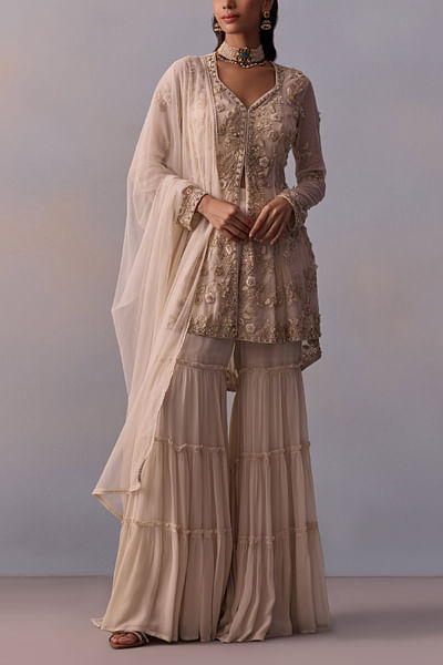 Off-white embroidered jacket tiered gharara set