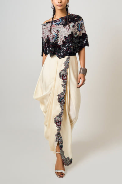 Nupur Kanoi Off-white embroidered sari skirt and cape NUKNOV24D204