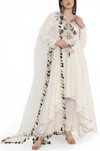 Off white embroidery high low anarkali set