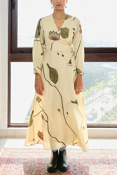 Off-white floral and leaf hand painted dress