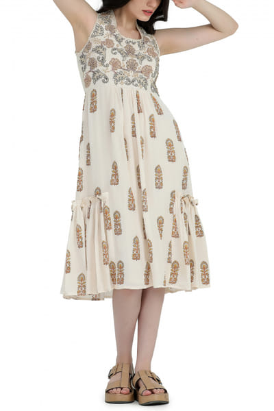 Off-white floral block print tiered dress