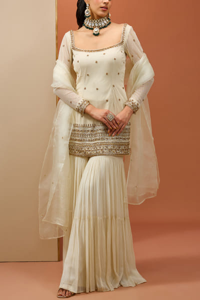 Off-white floral embroidered kurta sharara set