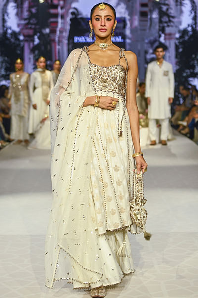 Off-white floral embroidery anarkali sharara set