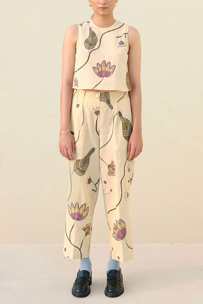 Off-white floral hand-painted top