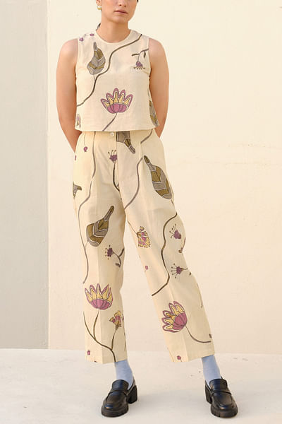 Off-white floral hand-painted trouser