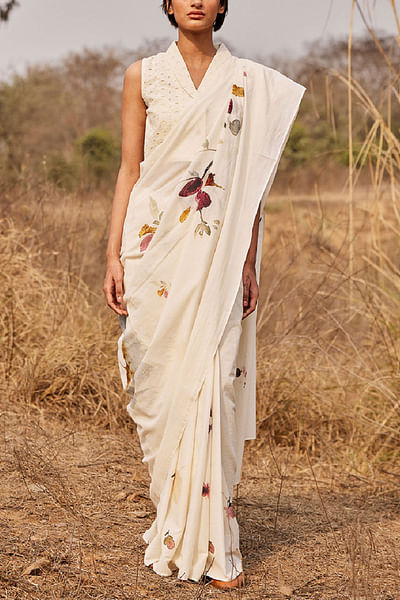 Off white floral print sari