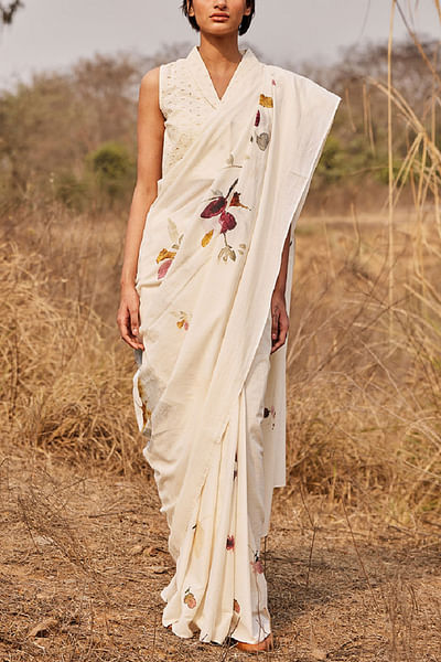 Off white floral print sari set