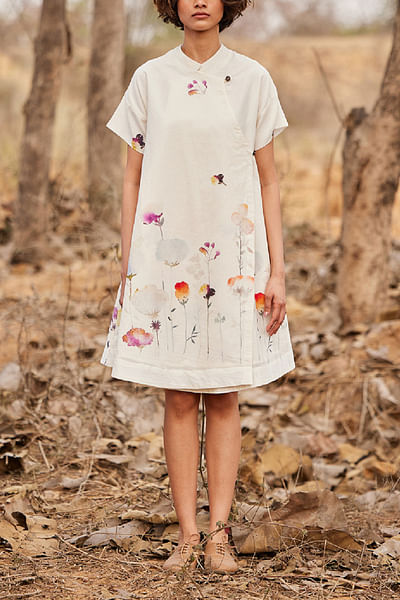 Off white floral printed overlap dress