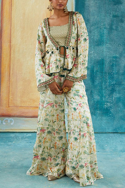 Off-white floral printed peplum jacket set