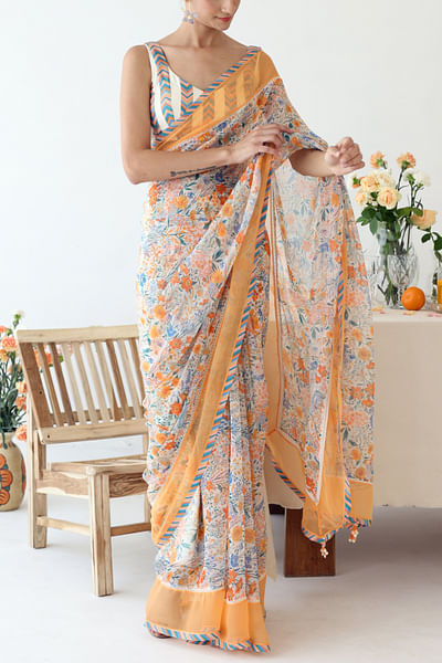 Off-white floral printed sari set