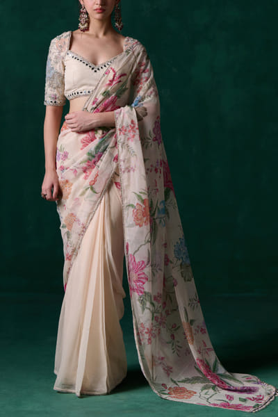 Off-white floral printed sari set