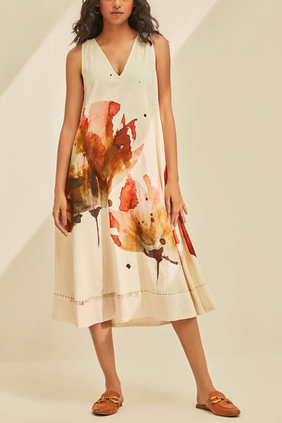 Off white floral printed sleeveless dress