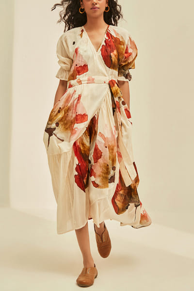 Off white floral printed wrap dress