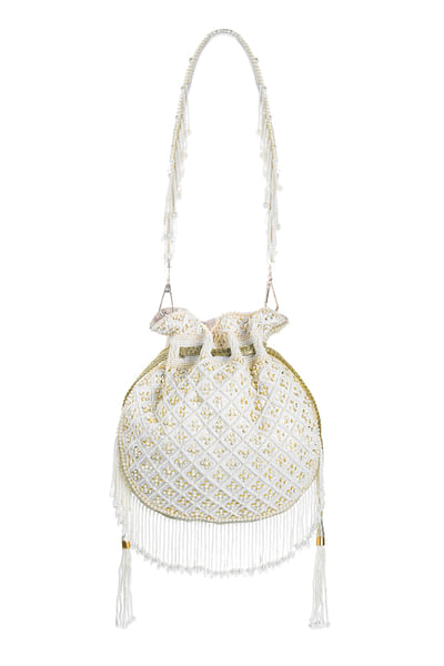 Off-white geometric bead sequin tassel potli bag