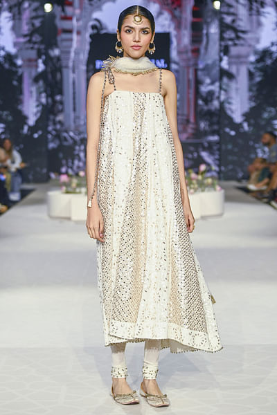 Off-white gota embroidery tube anarkali set