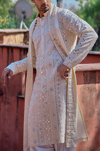 Off-white mirror embroidered kurta set