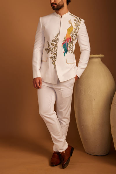 Off-white peacock embroidered bandhgala set