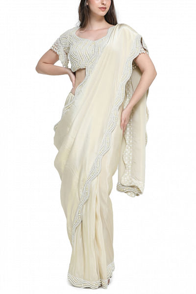 Off-white pearl embroidered sari set