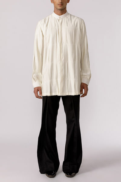 Off white pleated mandarin collar shirt
