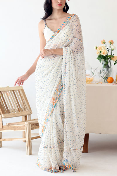 Off-white polka dot and floral print sari set