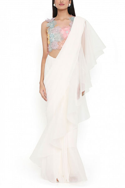 Off-white pre-stitched frilled sari set